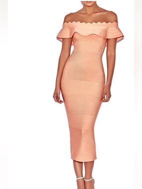 Women’s Ruffle Off-Shoulder Peach Bodycon Midi Dress sz Medium